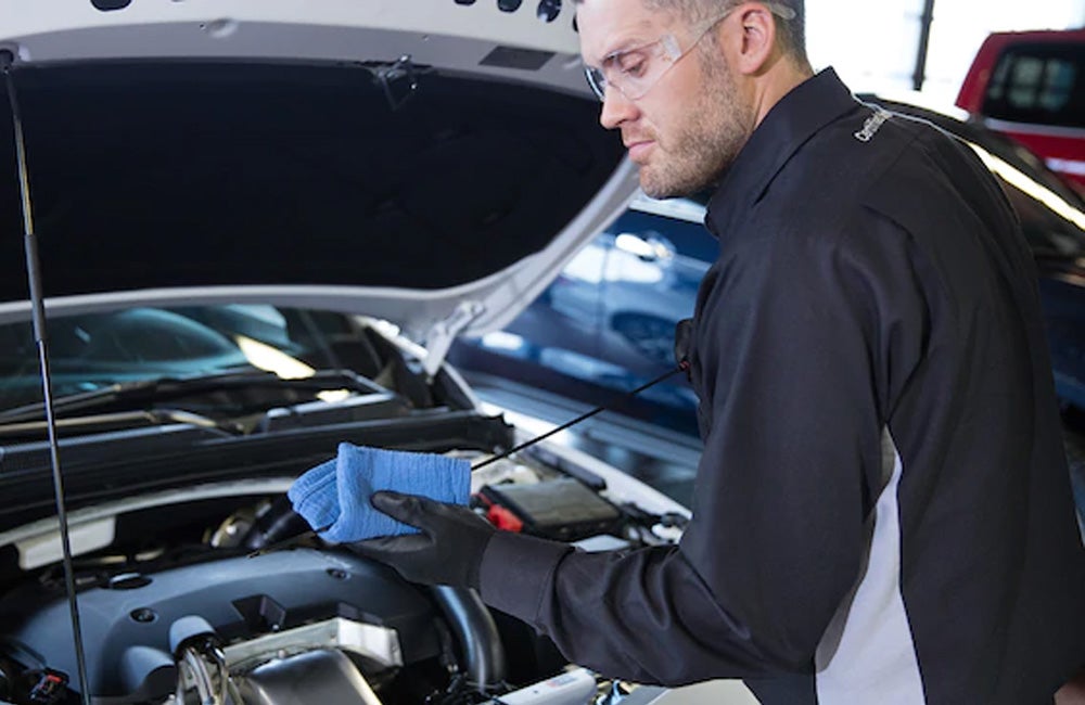 Image of Oil-service team member checking engine oil life